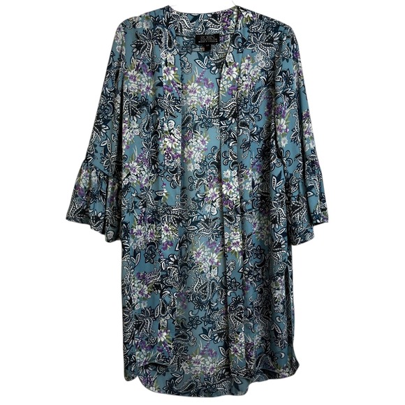 ROBIN Artizan Blue Floral Paisley Bell Sleeve Kimono Jacket Size S/P Beach - Picture 2 of 7